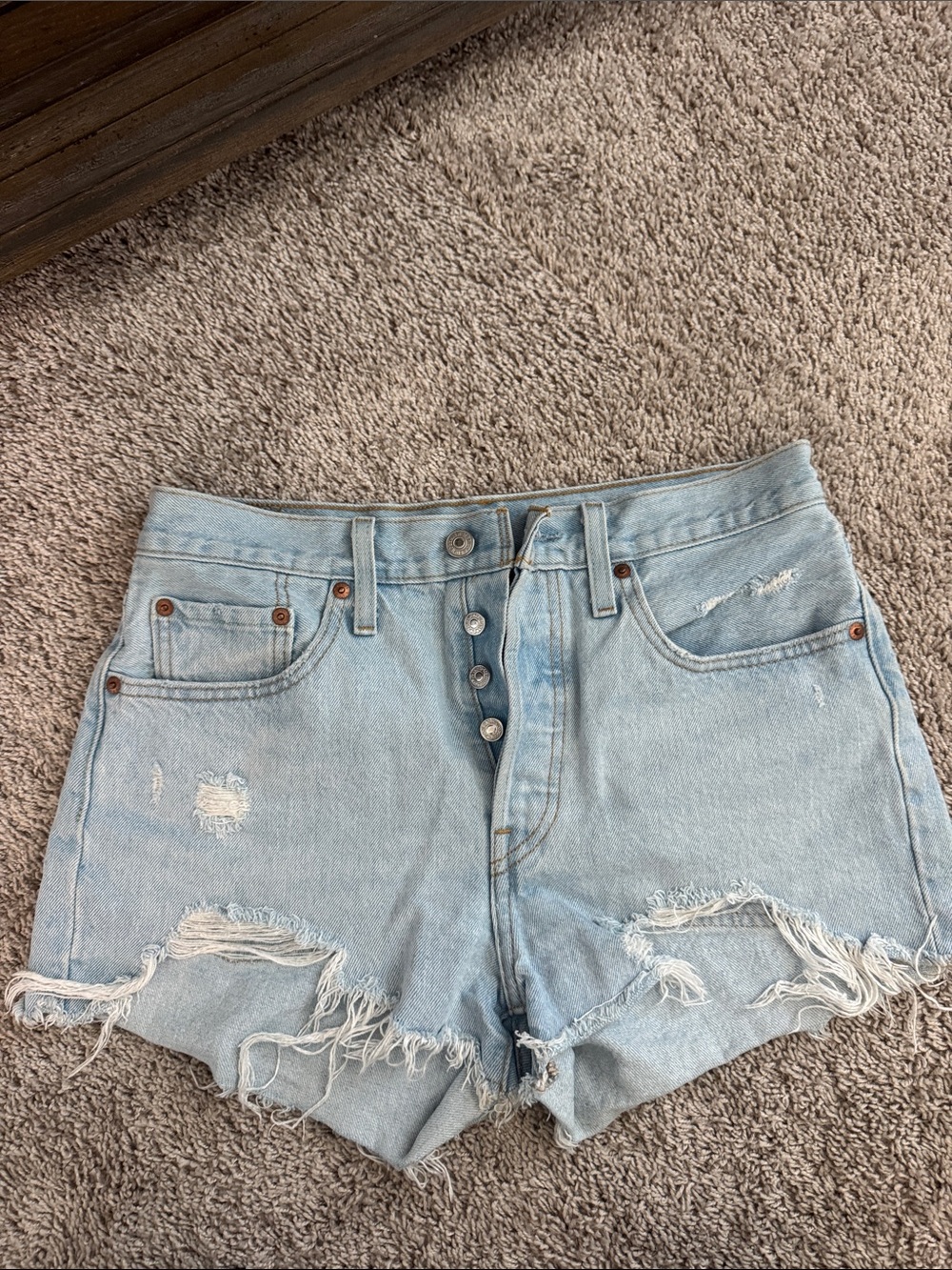 Levi's Light Blue Distressed Button-Fly Denim Shorts